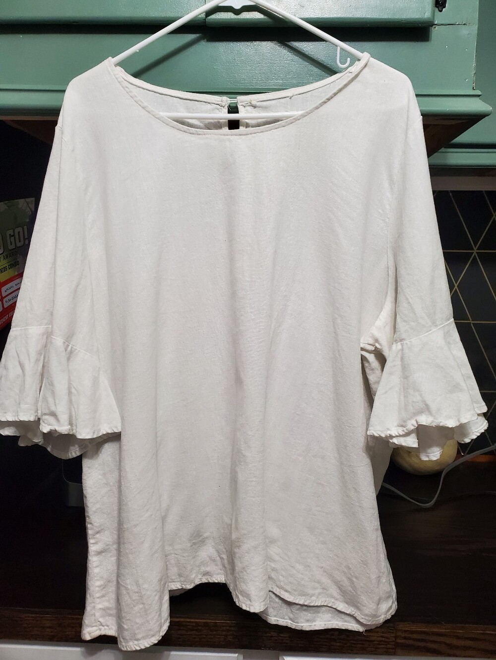 Linen Viscose Bell Sleeve Top Women's White Ruffle Cuff Boho Breezy Summer Top